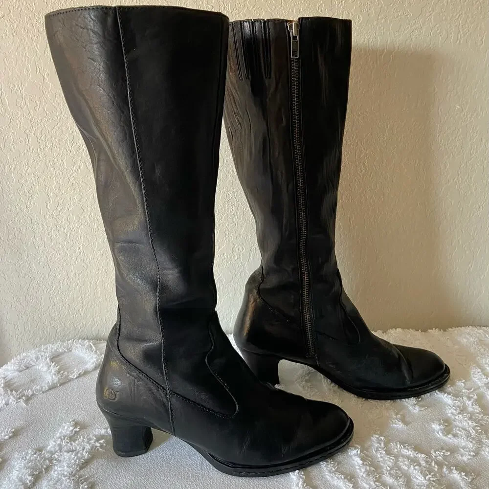 BORN Leather Boots Women's High-Calf Fashion Heel Blk Sz 7 Grunge Goth Witchy - Picture 3 of 11